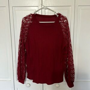 SHEIN red fall top with lace sleeves